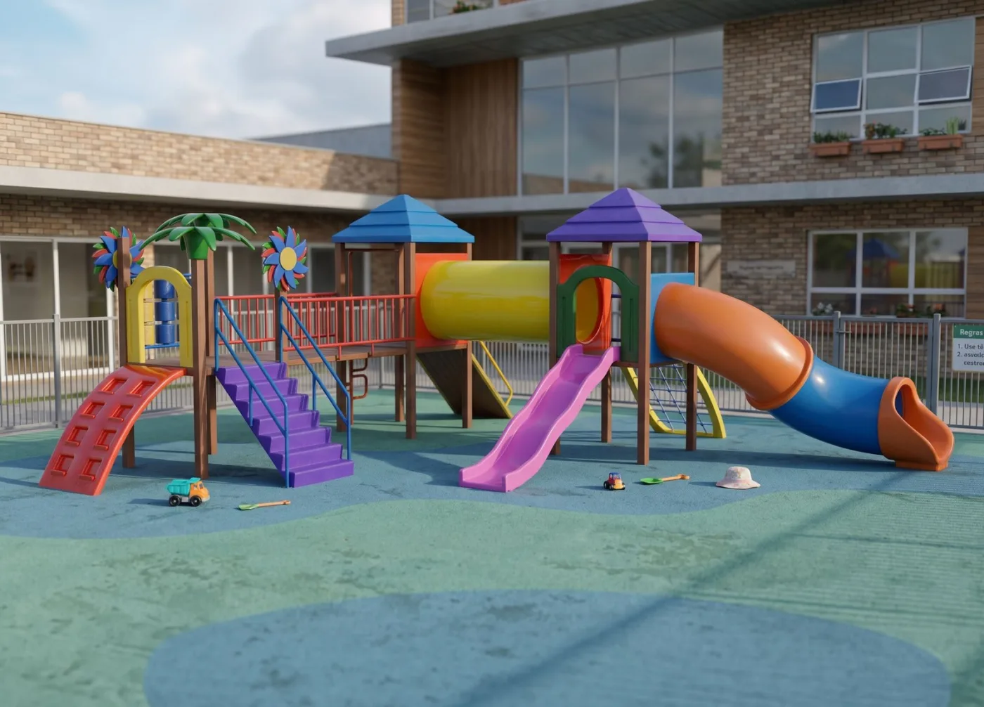 Parque Laux colorido de três torres em área escolar