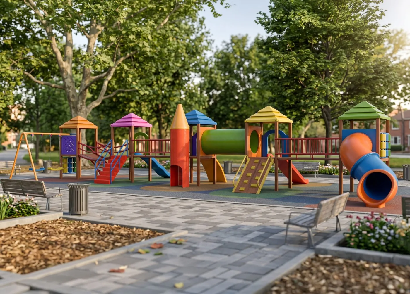 Parque Laux de cinco torres instalado em uma praça arborizada