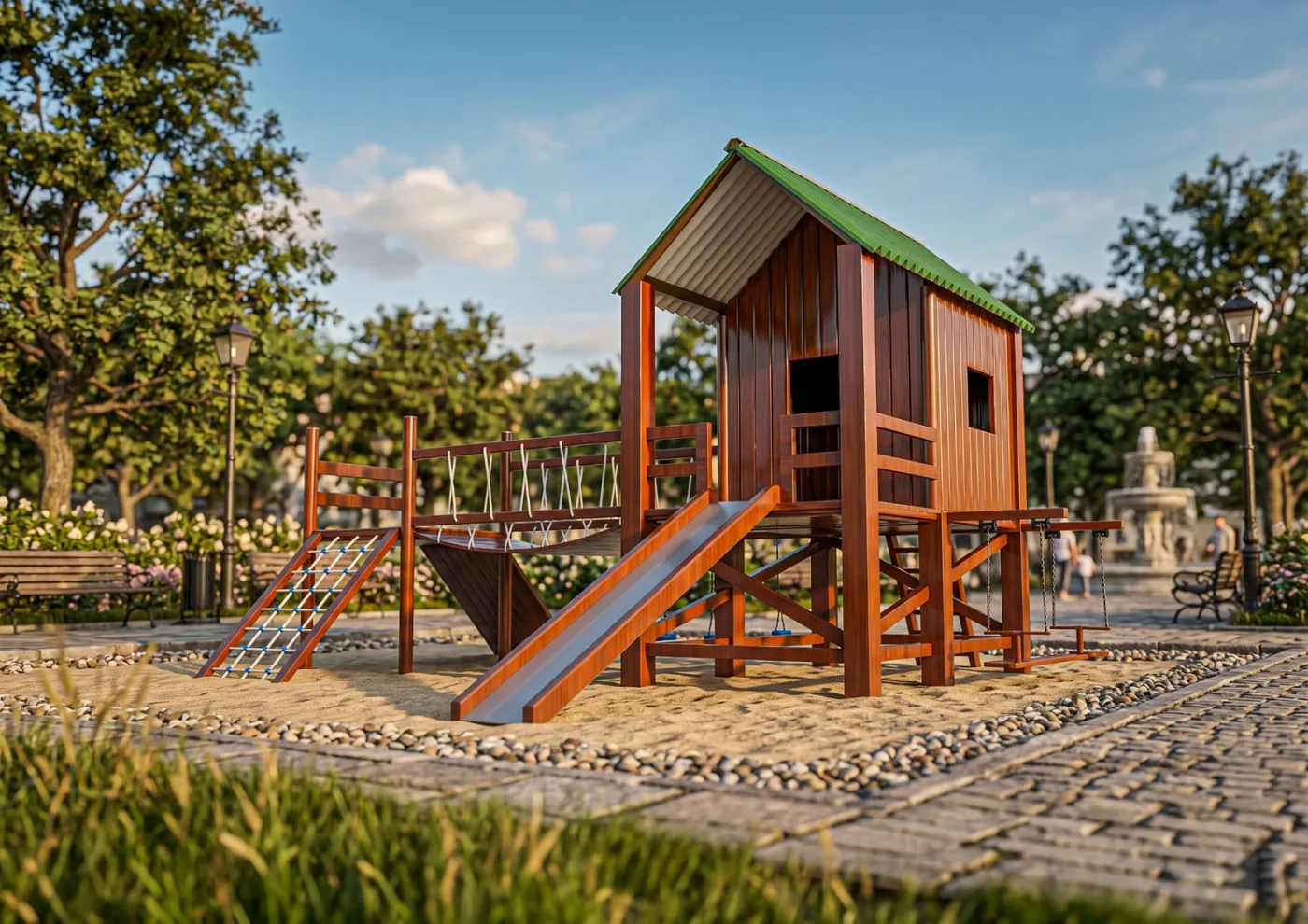 Parque Laux em madeira instalado em área verde